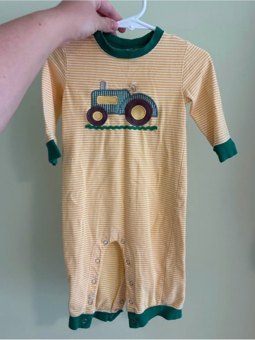 Yellow Stripe Tractor Appliqué Baby Romper